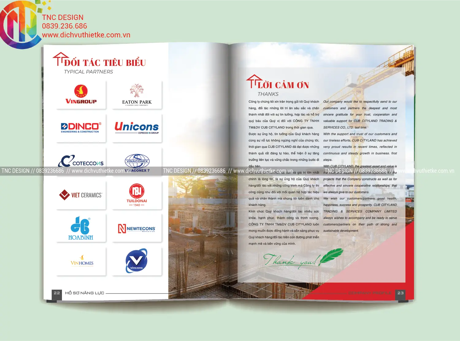 Trang đối tác tiêu biểu và thư cảm ơn kết thúc profile Cub City Land